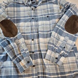 J.Crew Slim Fit Flannel Shirt Blue Plaid Elbow Patches Men Large Women Oversized